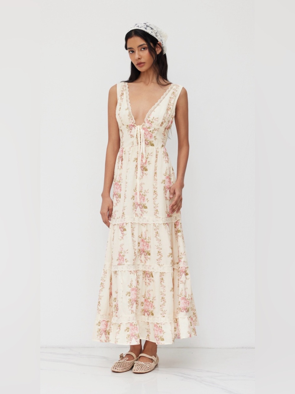 Cider V-Neck Lace Trim Lace Up Maxi Cress